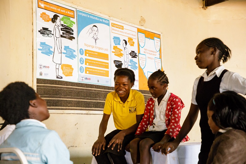 In Zambia, the Water and Development Alliance (WADA) has supported the construction of hygiene infrastructure and training for schoolchildren – including sanitation clubs like this one which promote healthy behaviors. Photo by: Water and Development Alliance (WADA) // Zambia WADA Overview Picture