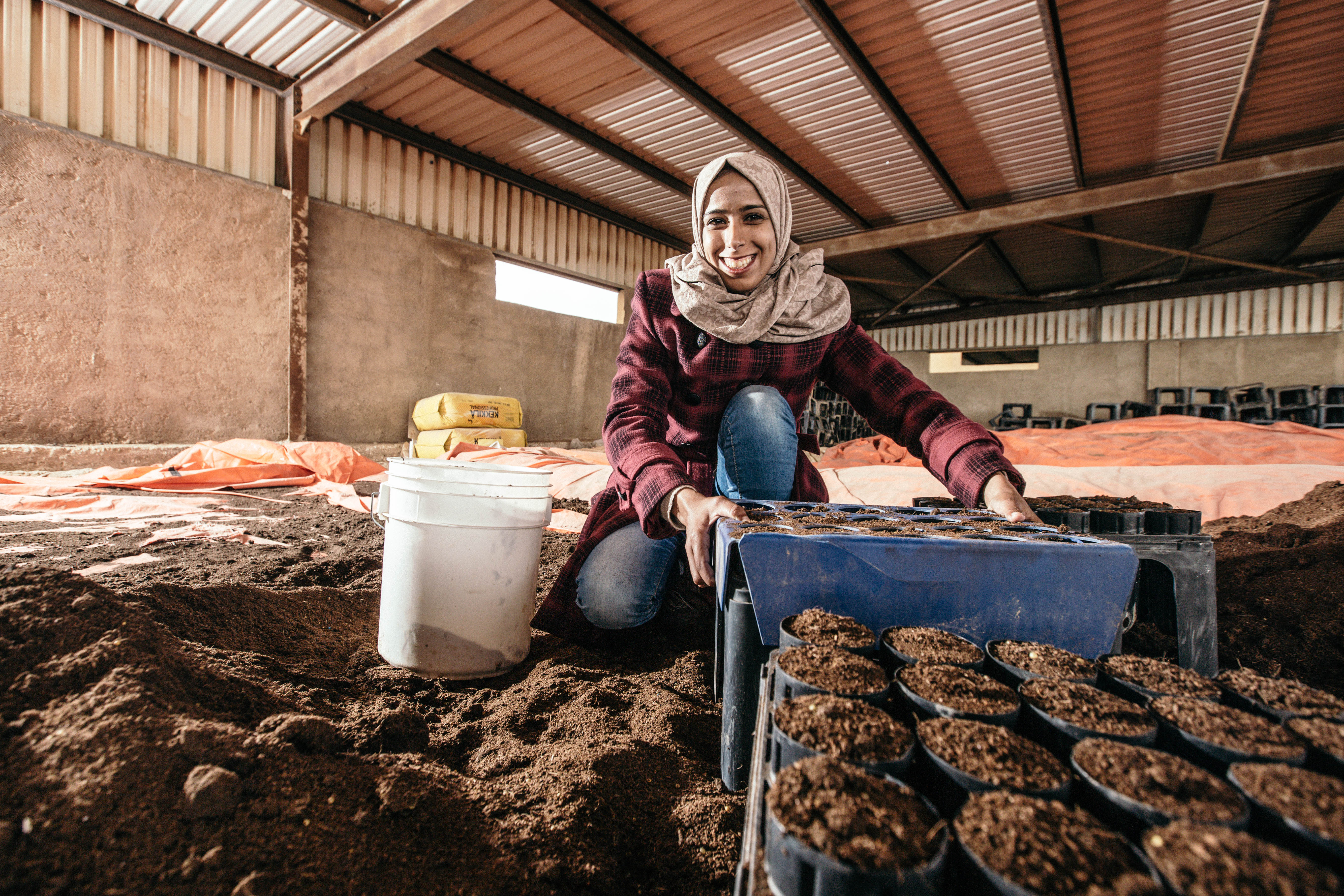 Tahani Al Masaed, Sabha Community Nursery Staff, fills containers with growing media mix to prepare for the sowing season. The containers are specialized to promote root development that will help the seedling survive harsh conditions in the Badia. Credit: USAID/Jordan