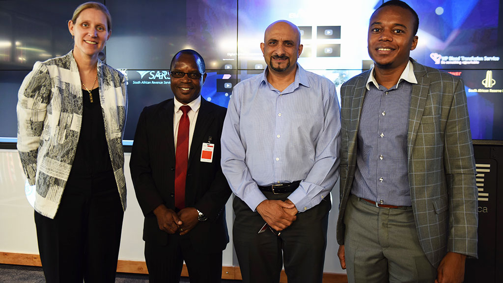 From left: Rebecca Krzywda (Mission Director, USAID Southern Africa), Dr. James Sauramba (Executive Director, South African Development Center Groundwater Management Institute), Dr. Imraan Patel (Deputy Director General, South African Department of Science and Technology), Dr. Tapiwa Chiwewe (Manager, IBM Advanced and Applied AI). Photo by SWP.
