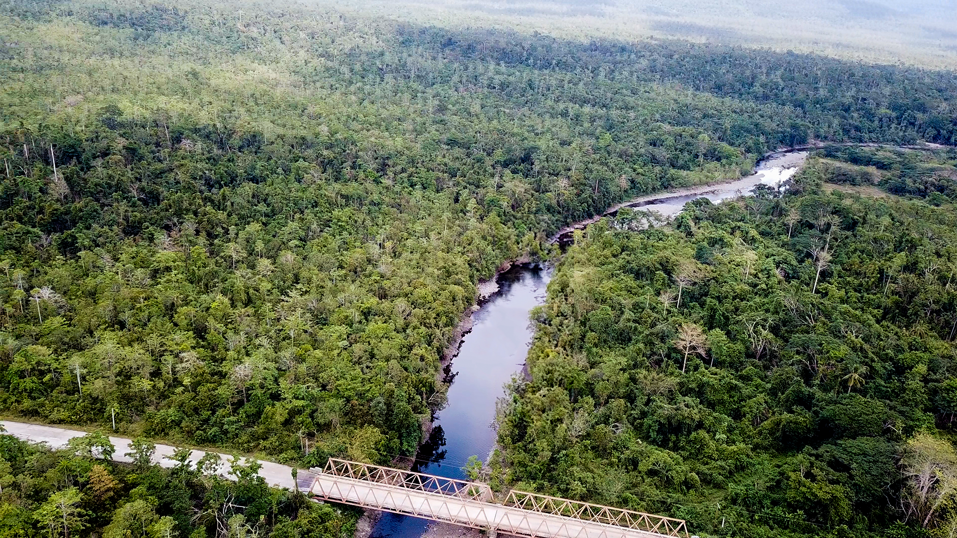 An aerial view of a bridge over a watershed.