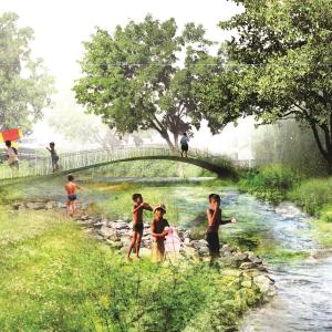 This architectural rendering shows some of the proposed components of the master plan, such as a combined recreation and flood-routing area. Credit: EstudioOCA 