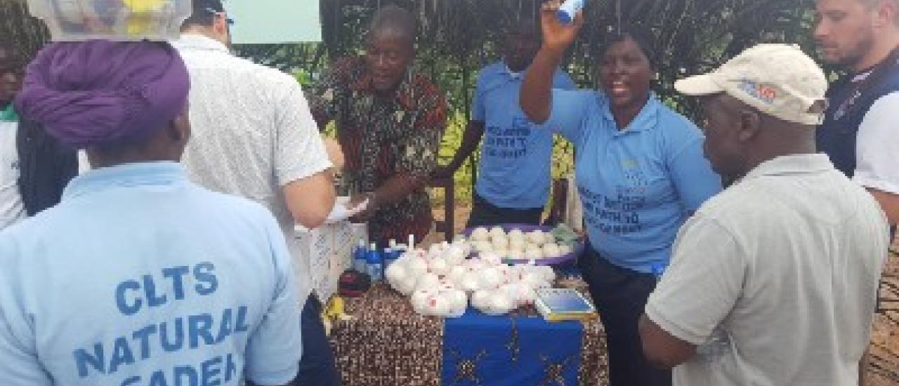 WASH entrepreneurs take an active role in marketing hygiene products like soap and WaterGuard, a chlorine solution for treating water so that it is safe for drinking. Photo credit: Global Communities Liberia