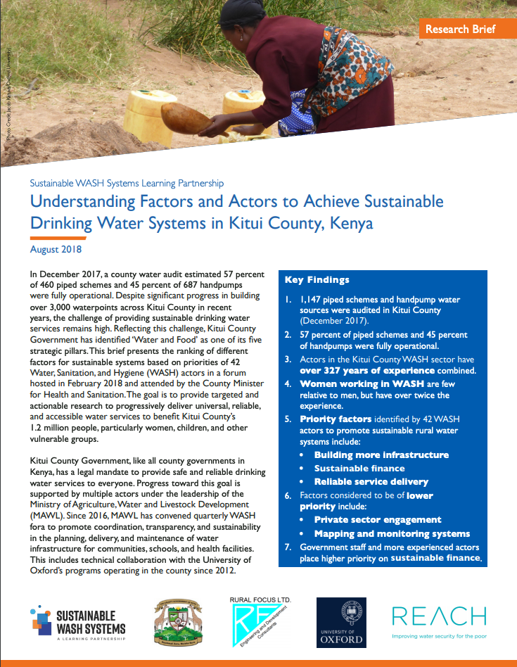 USAID/SWS Research Brief - Understanding Factors and Actors to Achieve Sustainable Drinking Water Systems in Kitui County, Kenya