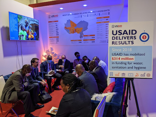 USAID staff host meetings with key stakeholders in USAID’s exhibition space. Photo credit: USAID/Senegal