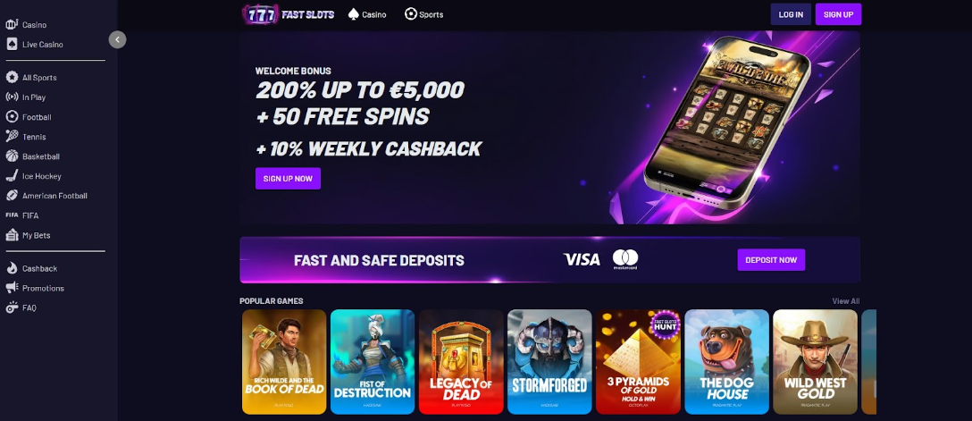 Fast Slots Casino Homepage With €5,000 Bonus Offer